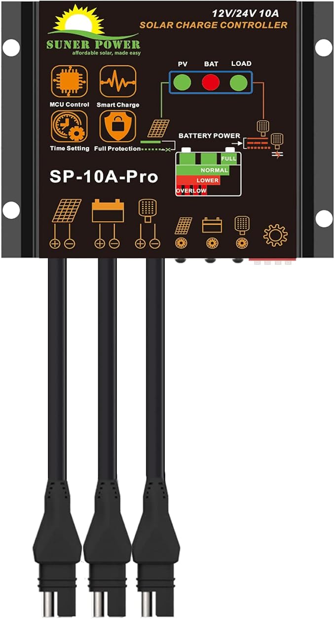 SUNER POWER 10 Amp 12V 24V Solar Charge Controller, Waterproof 10A Solar Panel Regulator with Dust to Dawn Load Setting for 12Volt 24Volt Lead-Acid, AGM, Gel, Flooded and Lithium LiFePO4 Battery