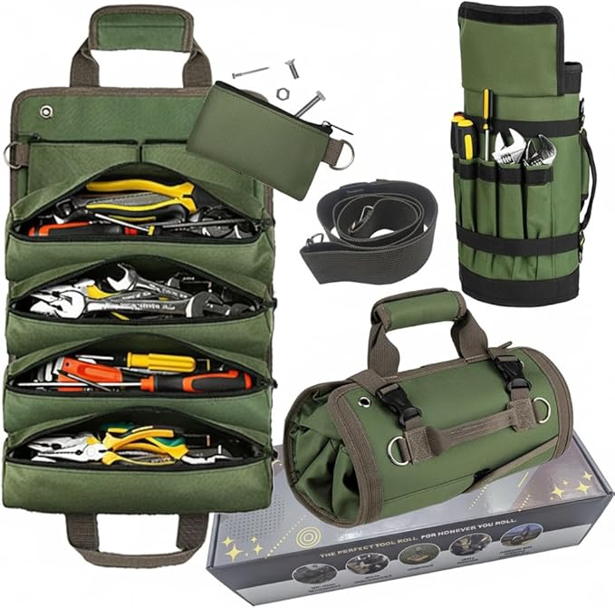 Upgraded Heavy Duty Tool Roll Up Bag Organizer with 6 Zipper Pockets - Canvas Wrench Pouch for Mechanic & Electrician, Car Seat Back Hanging Storage for Truck Jeep RV, Waterproof Emergency Gear Case