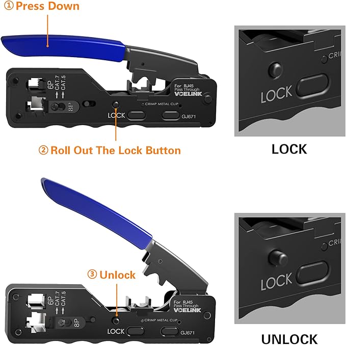 VCELINK RJ45 Crimp Tool, All-In-One Ethernet Pass Through Crimper for CAT7 CAT6A CAT6 CAT5e CAT5 Ethernet Connectors by Screw Adjustment (Kit-with Punch down Tool)