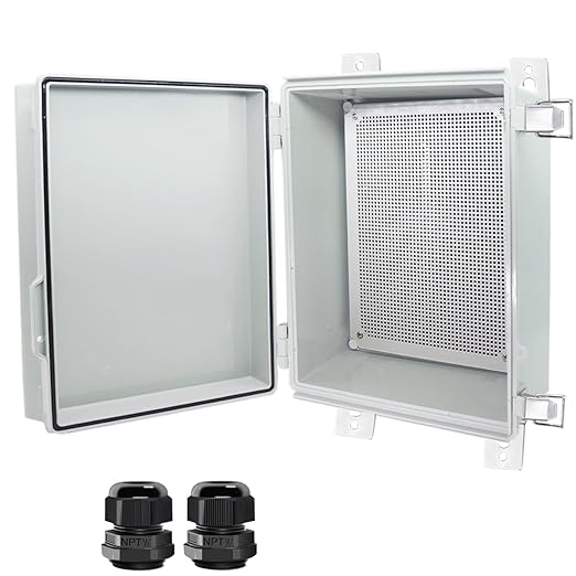 Junction Box, Hinged Cover Stainless Steel Latch IP67 Waterproof ABS Project Box with 2 Cable Glands, Electrical Box Enclosure with Mounting Plate & Wall Bracket 15.7 x 11.8 x 7.1inch