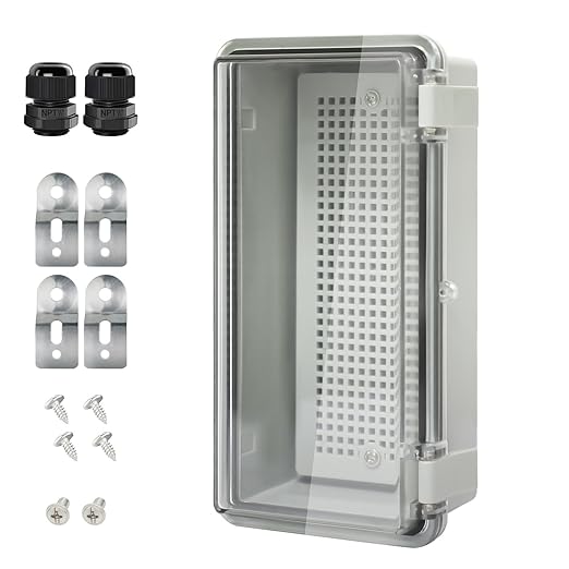 Junction Box IP65 Waterproof ABS Plastic Enclosure Hinged PC Clear Cover Electrical Project Box with Mounting Plate, Wall Brackets, Cable Glands 7.9" x 3.9" x2.8"(200 * 100 * 70mm)
