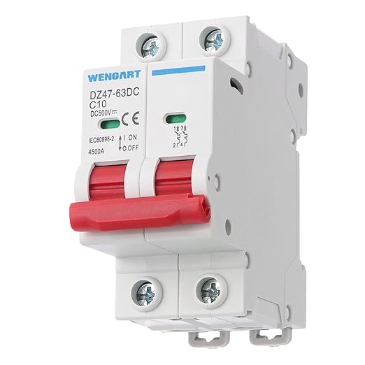 Wengart Wengart DC Miniature Circuit Breaker, 2-Pole 500V 10A, DZ47-63Z Disconnect Switch for Solar PV Systems, RV Battery & Off-Grid Living, 35mm DIN Rail Mount, UL 1077 Standard Design, White
