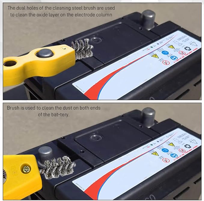 4 in 1 Car Battery Cleaning Brush, Battery Terminal Cleaner, Anti-Rust Auto Battery Cleaner with Steel Wire, Car Accessories Vehicle Machine Parts Clean Tools for Most Vehicles (Yellow)