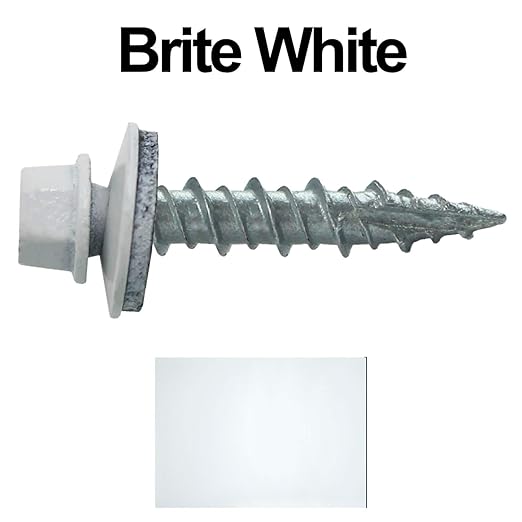 Metal Roofing Screws: (250) 10 x 1 Brite White Hex Head Sheet Metal Roof Screw. Self Starting Metal to Wood siding Screws. EPDM Washer. Colored Head
