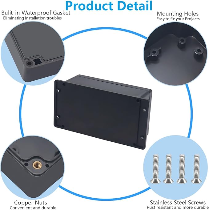 Project Box ABS Black Electrical Boxes IP67 Outdoor Waterproof Junction Box Electronic with Mounting Ears Includes Cable Glands for DIY Project 7.9 x 4.7 x 3 inch (200x120x75mm)