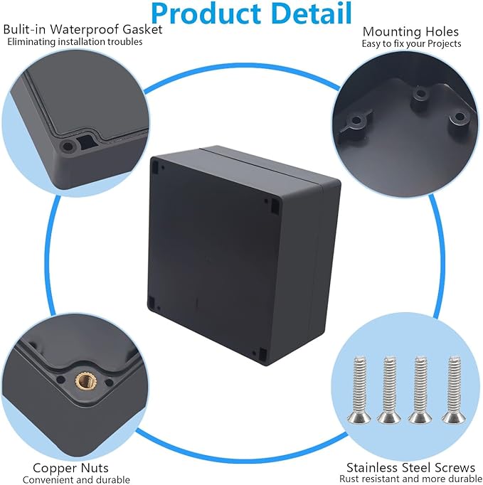 Project Box ABS Black Electrical Boxes IP67 Outdoor Waterproof box Electronic Junction Box Power Enclosure with Cable Glands for DIY Project 6.3 x 6.3 x 3.5 inch (160x160x90mm)