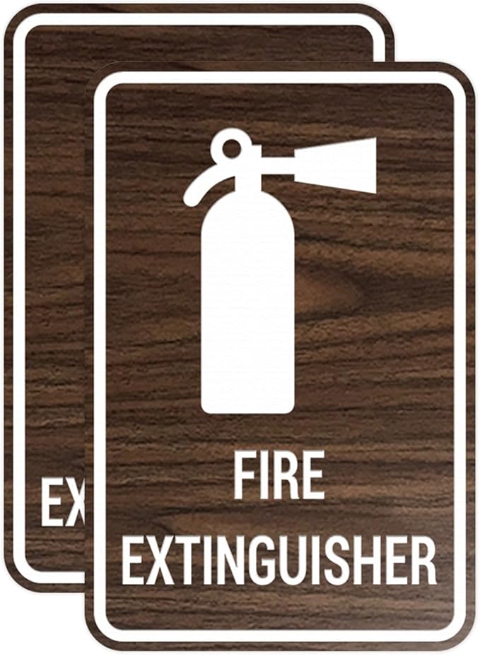 Signs ByLITA Portrait Round Fire Extinguisher Sign with Adhesive Tape, Mounts On Any Flat Surface (Walnut) - Small (2 Pack)