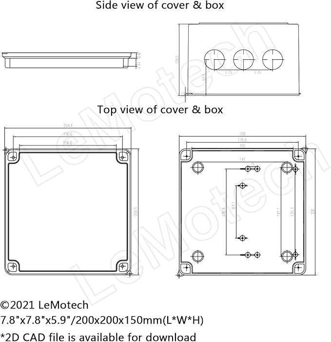 LeMotech Junction Box, ABS Plastic IP65 Waterproof and Dustproof, Universal Electrical Enclosure, Outdoor and Indoor Project Box 7.8X 7.8X 5.9 inch (200 x 200 x 150 mm)