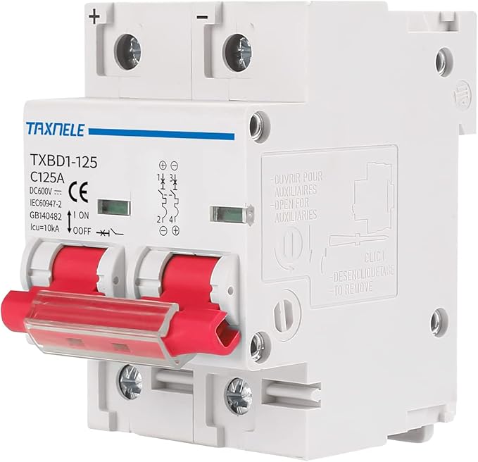 DC MCB Miniature Circuit Breaker 2P 80A 100A 125A 600V Solar Mini Circuit Breaker Battery Switch DIN Rail Mount Short Circuit Protection Disconnect Switch Isolator for Solar PV System (125A)