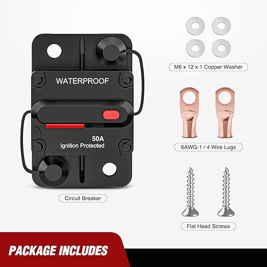 Nilight 50A Circuit Breaker Resettable 12-48V DC Manual Reset w/Copper Wire Lugs Surface Mount Overload Protection for Car Audio Sound Amplifier System RV Marine Boat Truck, 2 Years Warranty