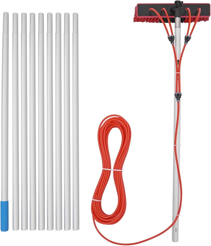 32FT Solar Panel Cleaning Kit, Window Cleaning System, 20M Hose & Rotating BrushHead, Washing Equipment Window Cleaner Tool Water Fed Pole Kit for Roof Caravan Solar Panel