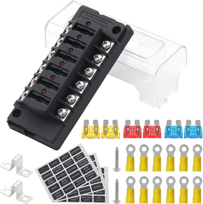 6 Way Fuse Block Automotive Boat Marine Car Camper Trailer RV Motorhome Solar Power Fuse Box 12V - 32V Red LED Indicator
