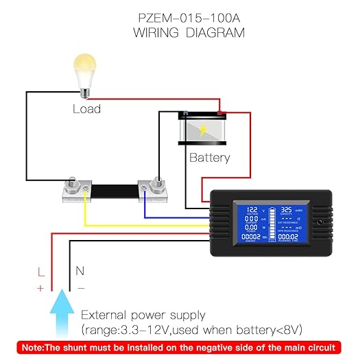 DC Multifunction Battery Monitor Meter,0-200V,0-100A (Widely Applied to 12V/24V/48V RV/Car Battery) LCD Display Digital Current Voltage Solar Power Meter Multimeter Ammeter Voltmeter