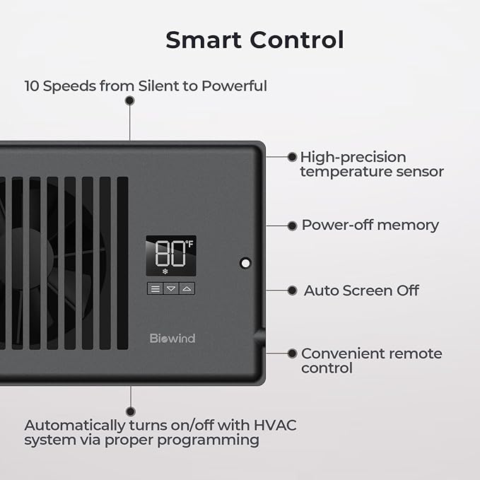 Quiet Register Booster Fan Fits 4" x 12" Register Holes, 10-Speed Smart Heating Cooling AC Vent Fan with Remote Control and Thermostat Control - Black