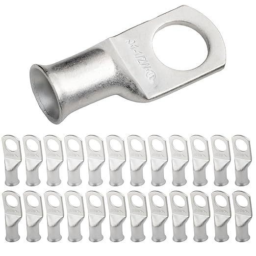 SELTERM 25pcs 1 AWG 1/2" Stud Marine Grade Tinned Copper Battery Cable Lugs, 1 Gauge Ring Terminals, UL Wire Lugs Electrical Battery Cable Ends, Tinned Copper Lugs Battery Terminal Connectors
