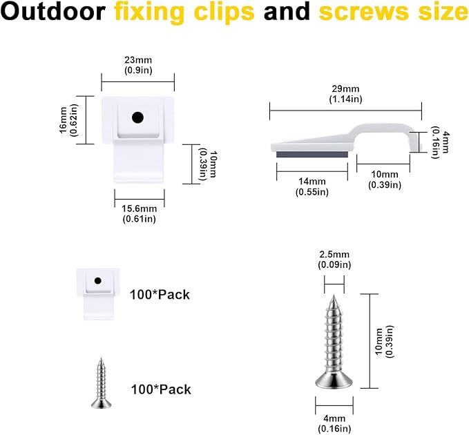 100 Pcs Outdoor LED Strip Light Mounting Clips Self Adhesive with Screws Mounting Holder, Cable Wires Organizer for 8mm to 10mm Width Rope Light Indoor Room and Outdoor
