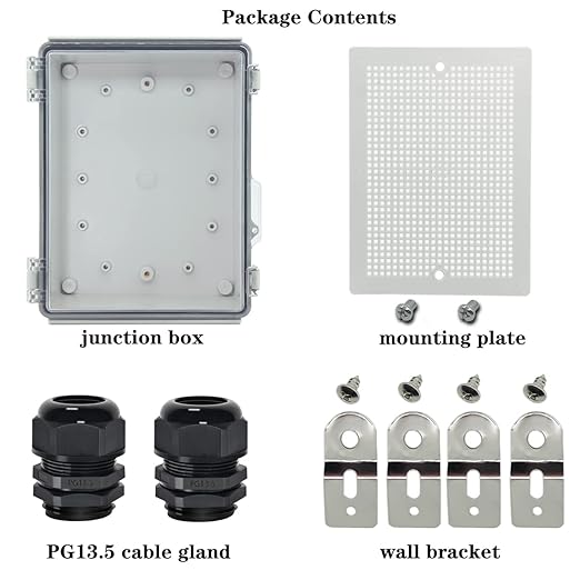 Zulkit Junction Box IP67 Waterproof Electrical Box Hinged Clear Cover Stainless Steel Latch Plastic Enclosure for Project w Mounting Plate Wall Bracket and 2 Cable Gland 8.7"x6.7"x4.3"/220x170x110mm