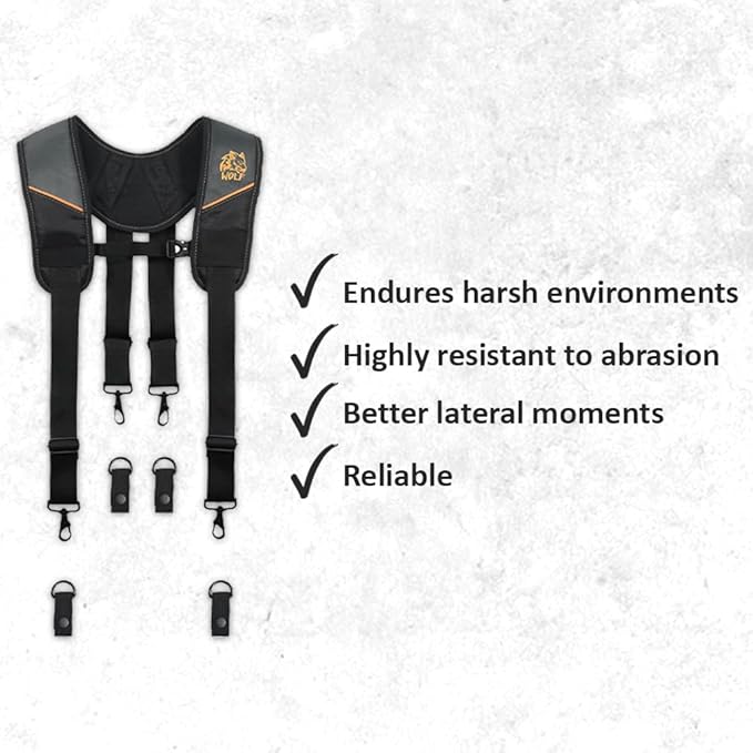 WOLF WTH2115 Padded 4-point Suspenders for Tool Work Belt | Universal Breathable Comfort Lightweight | Contractors Handyman | Pain Stress Relief Weight Distribution