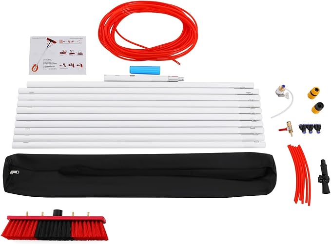 30FT Reach Solar Panel Cleaning Brush Kit, Adjustable Pole Window Cleaning Brush with 180° Rotating Head, 65.6FT Hose Window Washer Tool for Roof, RV, Truck, Car (30ft 13.78x3.15in)