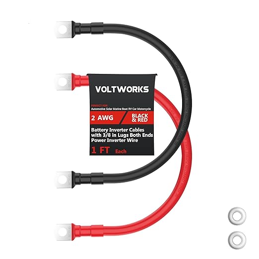 VOLTWORKS 2 AWG Gauge Red + Black Pure Copper Battery Inverter Cables Solar, RV, Car, Boat 1ft 3/8 in Lugs