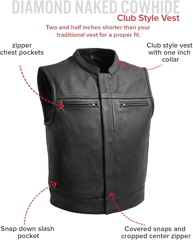 First Mfg Co Lowrider Mens Motorcycle Biker Riding Armor Club Style Black Leather, Twill, Moto Mesh, Perforated Vest
