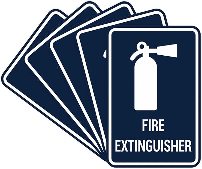 Signs ByLITA Portrait Round Fire Extinguisher Sign with Adhesive Tape, Mounts On Any Flat Surface (Navy Blue/White) - Small (5 Pack)