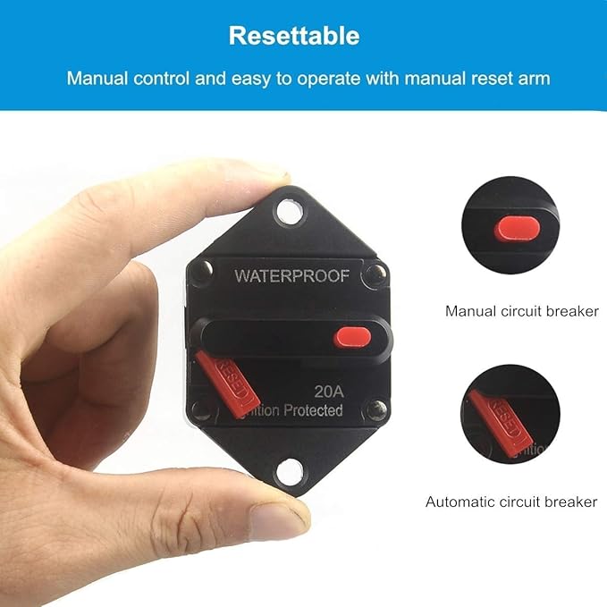 Hi-Amp 20Amp Circuit Breaker 12V-32V DC Waterproof, 10-300A Fuse Inverter with Manual Reset Button for Auto Truck RV Marine, Panel Mount (20A)