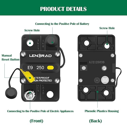 LENKRAD 250amp Marine Circuit Breaker Resettable 250A with Manual Reset Switch Button for Boat Trolling RV Yacht, 12V - 48V DC, Waterproof, Surface Mount(250 Amp Boat Circuit Breaker)