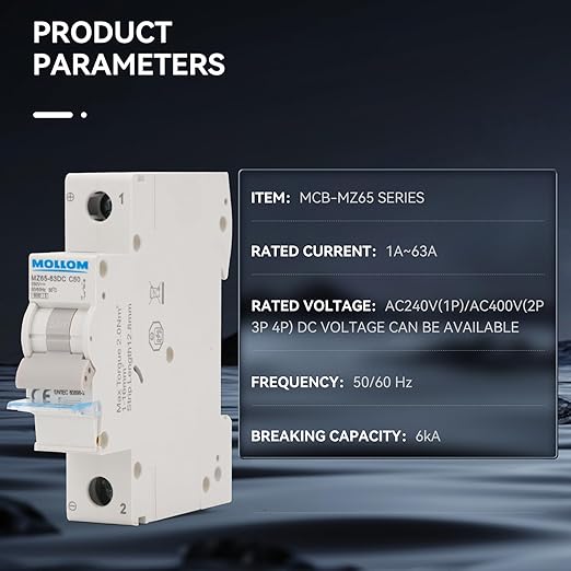 MOLLOM DC 1 Pole Miniature Circuit Breaker, 250V 16Amps, C16 Scene Visualization Custom MCB Thermal Magnetic Trip, 6KA Breaking Capacity DC Disconnect Switch for Solar PV System