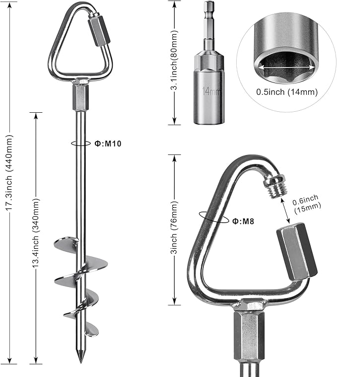 17" Heavy Duty Ground Anchors Screw in - 4 Pack Chrome Plated with Reinforced Triangle Bracket for Trampoline, Swing Set, Shed, Mobile Home, Carport - High Wind Resistance for All Soil Types
