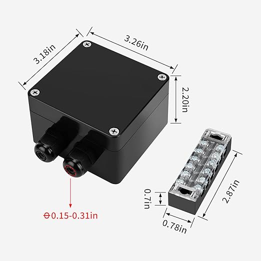 ABS IP67 Waterproof Dustproof Electrical Junction Box, with 15A 600V Barrier Terminal Cable Connector, 1 in/2 Out Power Junction Box（3.26 * 3.18 * 2.2in）