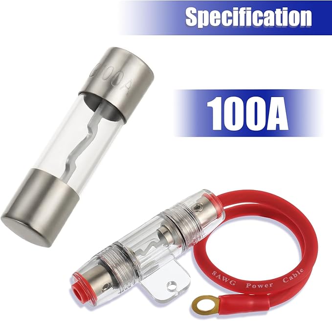 BOJACK 8 Gauge AWG 1ft Power Wire with 100 Amp AGU Fuse Holder 100A（Pack of 2）