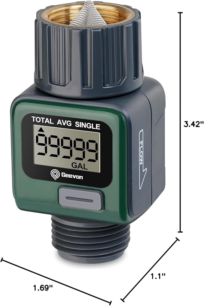 Geevon Garden Hose Water Flow Meter with Brass Inlet Metal Thread, High Accuracy & IPX6 Waterproof for Outdoor Garden Watering, RV Water Tank Filling, Lawn Sprinkler, and Nozzle Sprayer (1 Pack)