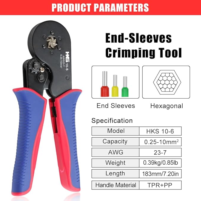 HKS Ferrule Crimping Tool Kit - Hexagonal Ferrule Crimper Plier (AWG 23-7) with 1900pcs Wire End-Sleeves Terminals Kit