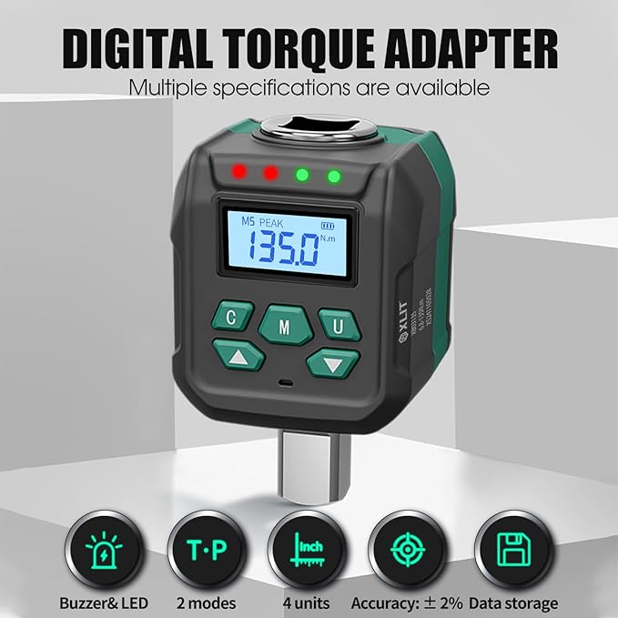 1/2" Digital Torque Adapter Set with Socket Adapters (1/4", 3/8") - 5-99 ft-lb, ±2% Accuracy, Buzzer & LED Alerts, Working with Ratchet Wrench, Breaker Bar - Automotive, Motorcycle & Car Repair