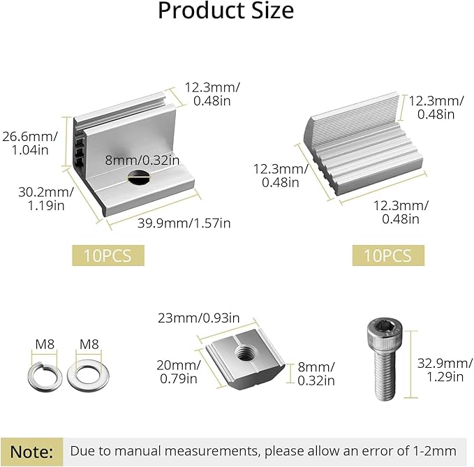 Anbte Solar Panel Mounting Brackets 30-50mm Adjustable, 10pcs Aluminum Solar Panel End Clamp Include 10*Screw M8 and 1*Wrench, Solar Mount Kit for Metal Roof, Tin Roof, Flat Roof, Sheet Roof, Silver