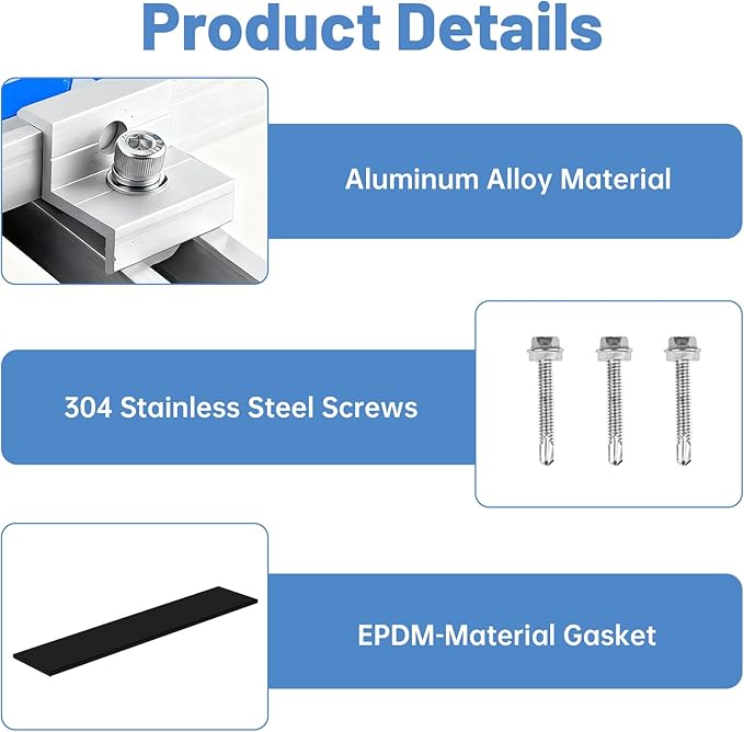 Solar Panel Mounting Brackets, 6 Pcs Aluminum Solar Panel Bracket Kit with Mounting Rails Mid & End Clamps, Solar Panel Mount for Rooftop Tin Flat Metal Roof RV Boat PV Modules Fixing Installation