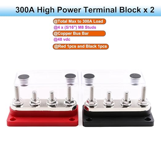 Bus Bars Copper 12V-48V 300A with 4 x 5/16”(M8) Posts Terminals Power Distribution Block, DC Battery Busbar 300 Amp for Car RV Solar Trailer Boat Marine Trucks, Red& Black 2 Pack