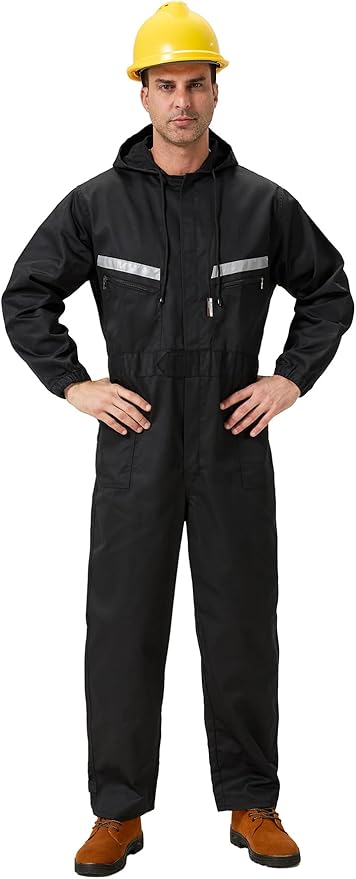Mens Work Coveralls Mechanic Hooded Overall Workwear Jumpsuits Long Sleeve Hi Viz Coverall with Zippers