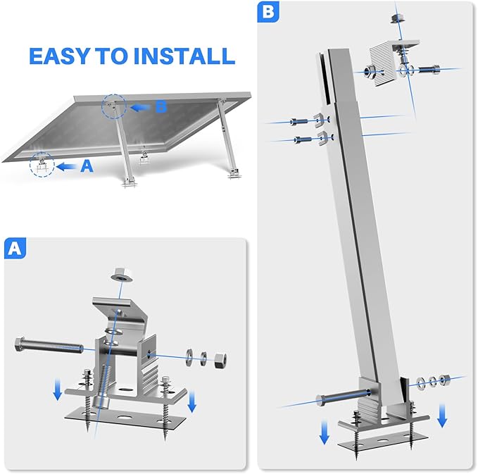 2PCS Adjustable Solar Panel Tilt Mount Brackets Aluminum Alloy Mounting Bracket Stand Systems Support 50W 70W 100W 150W 200W 300W 400W Solar Panels for Ground, Roof, Boat, Wall ,Railer, RVs