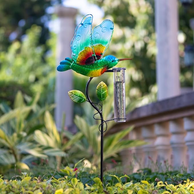 Rain Gauge Outdoor, Solar Hummingbird Rain Gauge with Metal Stake, 7 Inch Tube Decorative Rainfall Measurement, Stained Glass Rain Measure Gauge for Garden, Lawn, Patio