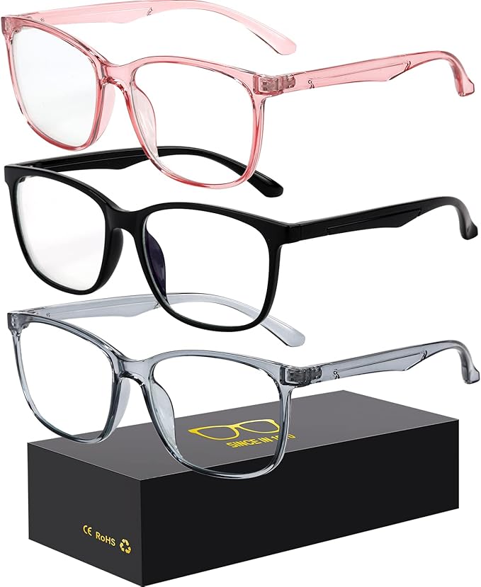 Blue-Light Blocking Glasses Computer Reading/Gaming/TV/Phones Glasses Fashion Anti Eyestrain Glasses for Women Men（D8 Black + Gray + Pink）