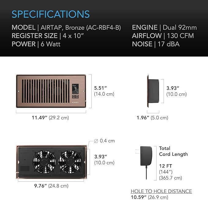 AC Infinity AIRTAP T4 Bronze, Register Booster Fan for 4” x 10” Register Holes, Improves Heating & Cooling Vents, Quiet 10-Speeds, Bluetooth App Control Data Alerts. ONLY FITS 4” x 10” Duct Openings
