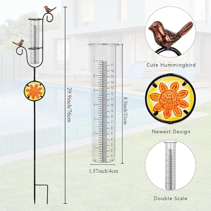 Rain Gauge Outdoor, Hummingbird Rain Gauge, Metal Rain Measure Gauge with Stained Glass, Decorative Rainfall Measurement for Patio, Lawn, Garden Decor
