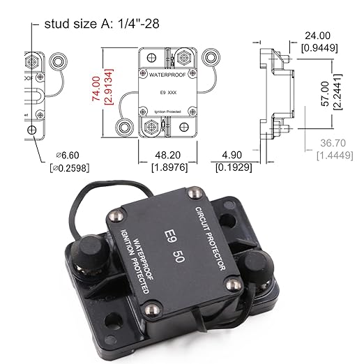 50A Automotive Circuit Breaker Auto Reset No Switch Button for Boat, Car Audio, Solar System, Battery Protection 12V-32V DC