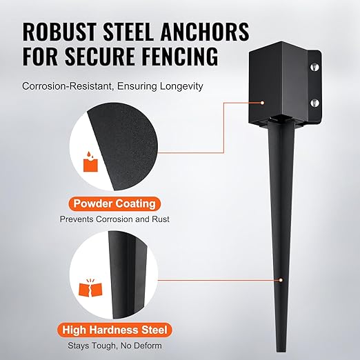 VEVOR Fence Post Anchor, 8 Pack 4 x 4 Inches Outer Diameter (Inner Diameter 3.5 x3.5 Inches) Ground Spike 24", Metal Black Powder Coated Post Stake Ground, for Mailbox Deck Garden Railing
