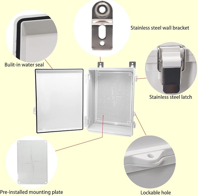 Outdoor Waterproof Electrical Box Junction Box Weatherproof IP67 ABS Plastic Enclosure Switch Router Project Box with Mounting Plate with Wall Bracket 2 Cable Glands Grey 14.6"x10.63" x5.9"