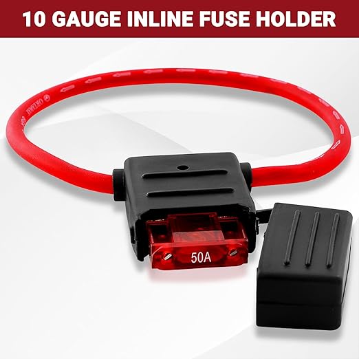 10 Gauge Inline Fuse Holder: 12V-32V with 50 AMP Maxi Blade Fuses & Waterproof Plastic Housing for Large Vehicles Car Truck Boat Motorcycle 11" Long(2 Pack)