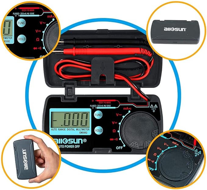 allsun Mini Auto Range Folding Digital Multimeter Automotive Tester AC DC Volt AMP Ohm LCD Travel Voltmeter Ammeter Continuity Tester Auto Power Off EM3082