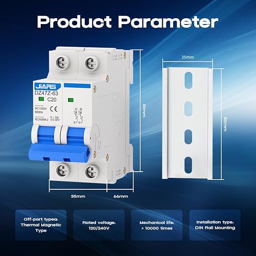 DC Miniature Circuit Breaker, 1000V 2 Pole 20 Amp Isolator for Solar PV System, Thermal Magnetic Trip DIN Rail Mount, C20 DC Disconnect Switch